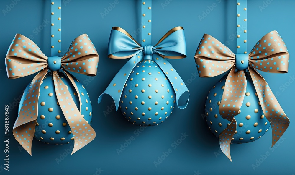  three blue and gold decorated eggs hanging from a line of hooks with bows on them, with gold polka 