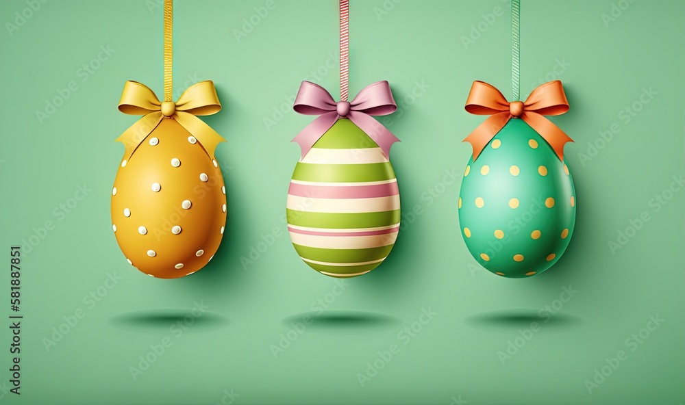  three colorful easter eggs hanging from a line on a green background with a bow on the top of one o