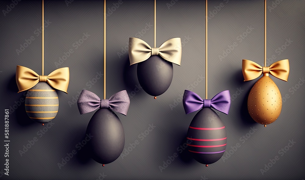  a group of easter eggs hanging from strings with bows on them and decorated with eggs in the shape 