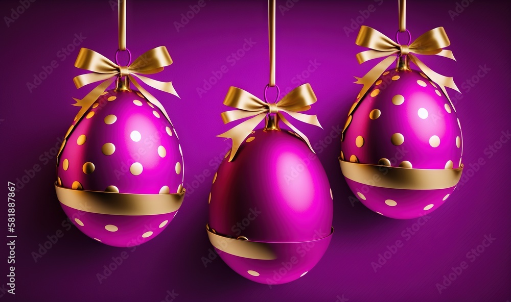  three pink eggs with gold polka dots and a bow hanging from a line on a purple background with gold