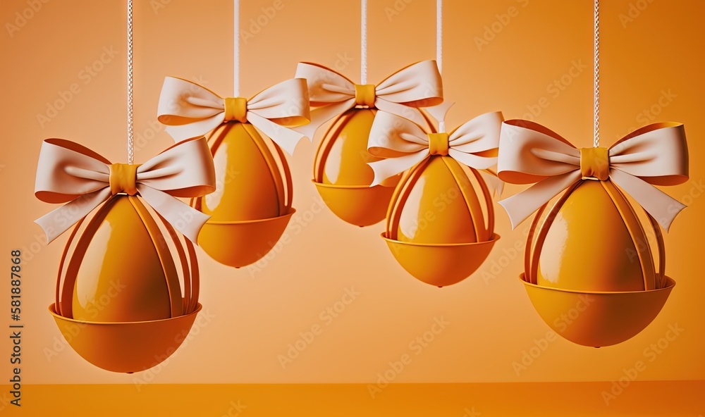  a group of three hanging eggs with bows on them hanging from a string with strings on an orange bac