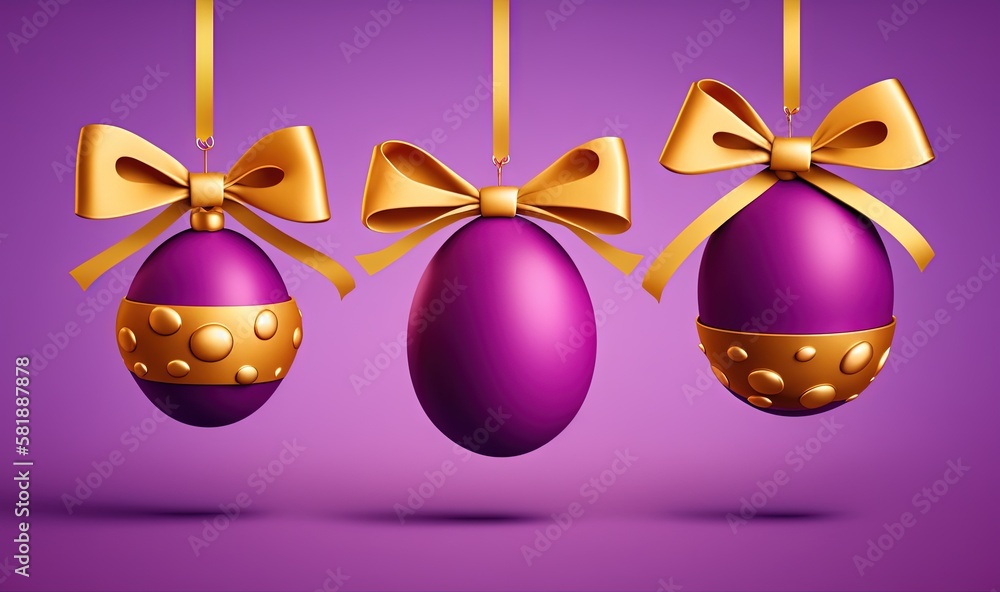  three purple easter eggs with gold bows hanging from strings on a purple background with a gold bow