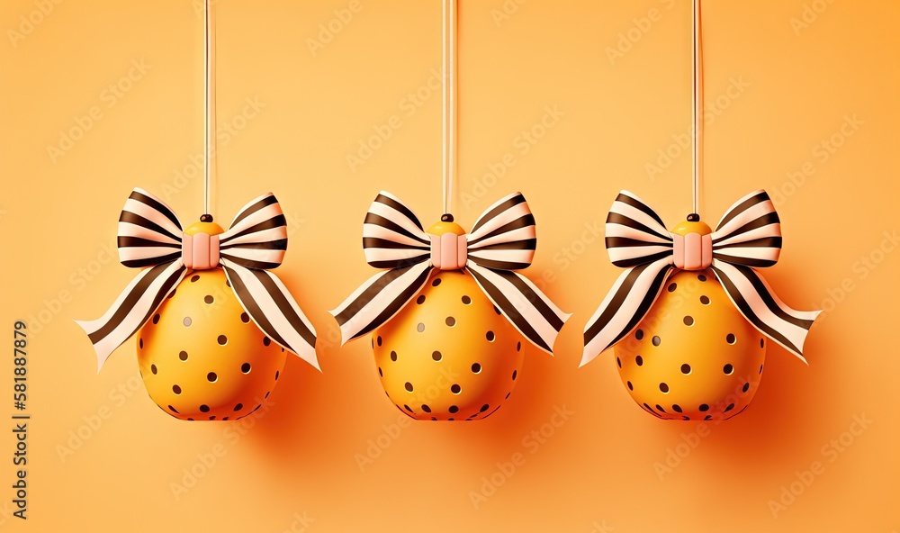  three easter eggs with bows hanging from strings on a yellow background with a black and white stri