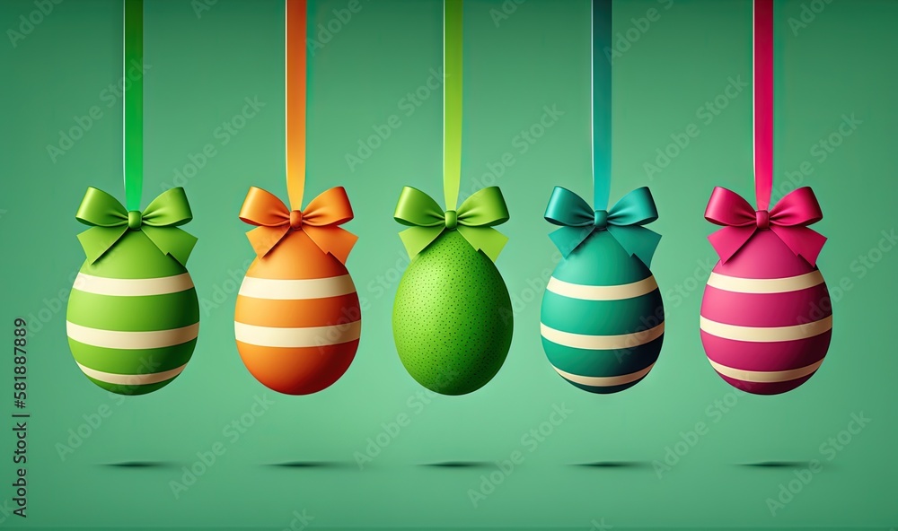  a row of colorful easter eggs hanging from a line of green ribbons with bows on them, on a green ba