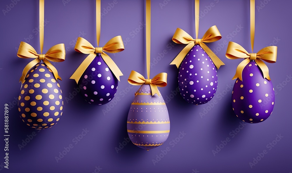  a row of decorated easter eggs hanging from a line of gold ribbons on a purple wall with polka dots