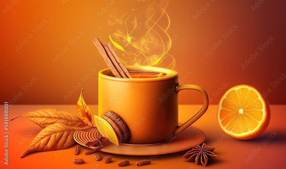  a cup of hot chocolate with cinnamon and orange slices on a plate with a cinnamon and an orange sli