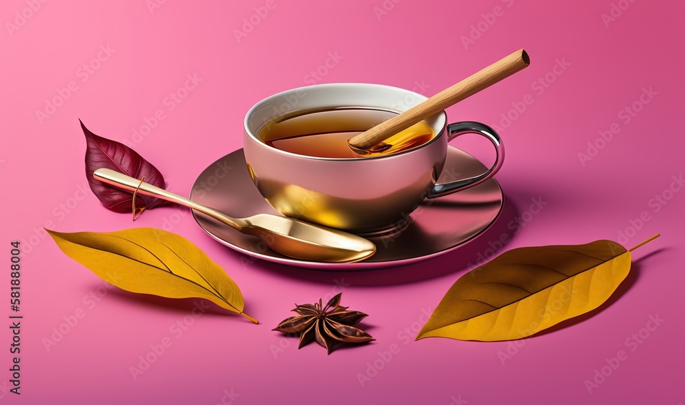  a cup of tea with a spoon on a saucer and some leaves on a pink background with a pink background a