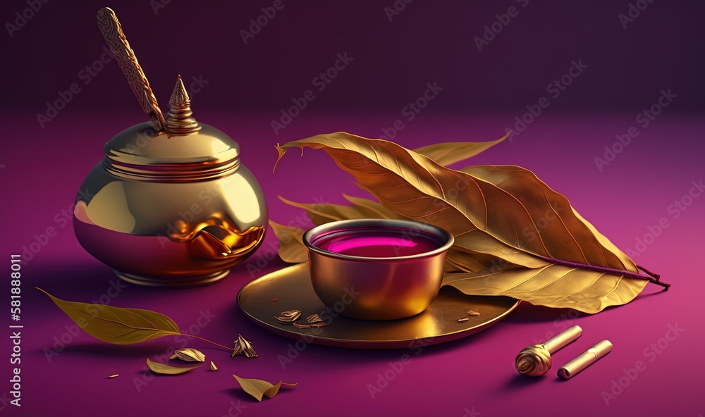  a cup of tea next to a golden teapot and a leaf on a purple background with a gold plate and a gold