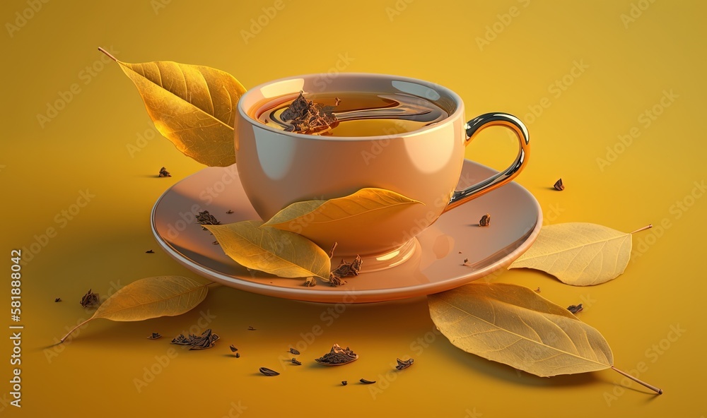  a cup of tea with leaves on a saucer on a saucer on a yellow background with a yellow background an