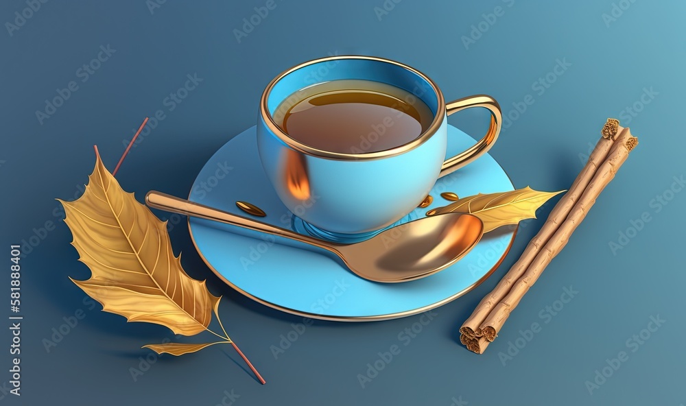  a cup of tea and a spoon on a blue plate with a gold maple leaf and a cinnamon stick on a blue plat