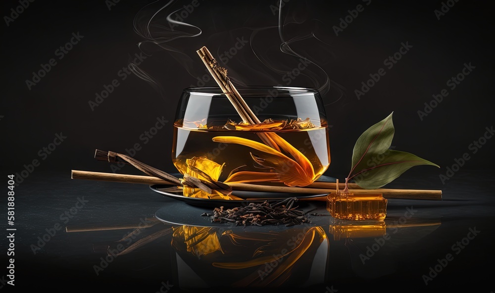  a glass of tea with a flower and two sticks in it and smoke coming out of the top of the glass and 