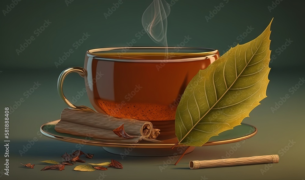  a cup of tea with a leaf on a saucer next to a cinnamon stick and a leaf on a saucer with a green b