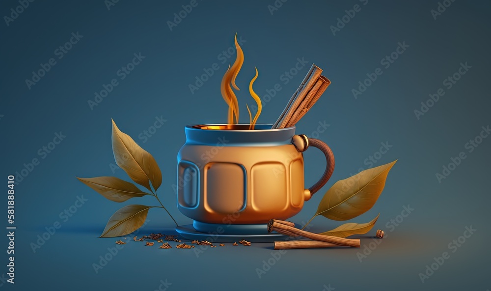  a cup of coffee with a spoon and a cup of coffee on a blue background with leaves and cinnamons, wi