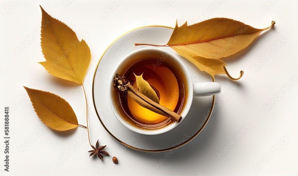  a cup of tea with a leaf and star anise on a saucer with a spoon and a star anise on a saucer.  gen