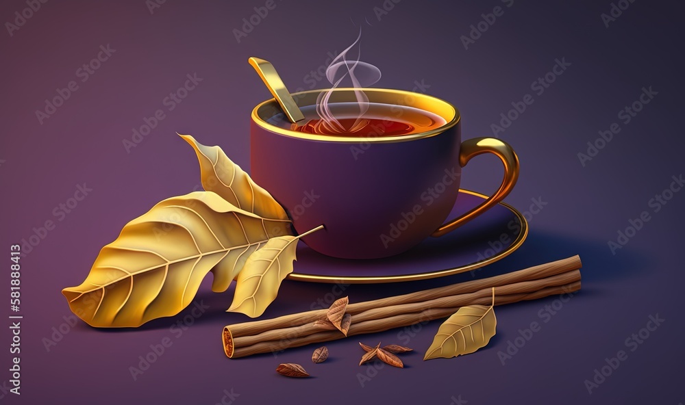  a cup of tea with a spoon and some cinnamon sticks on a purple background with a leaf and a cinnamo