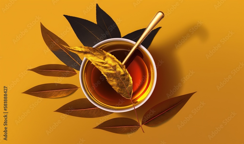  a cup of tea with a spoon and a leaf on a yellow background with a shadow of leaves on the side of 