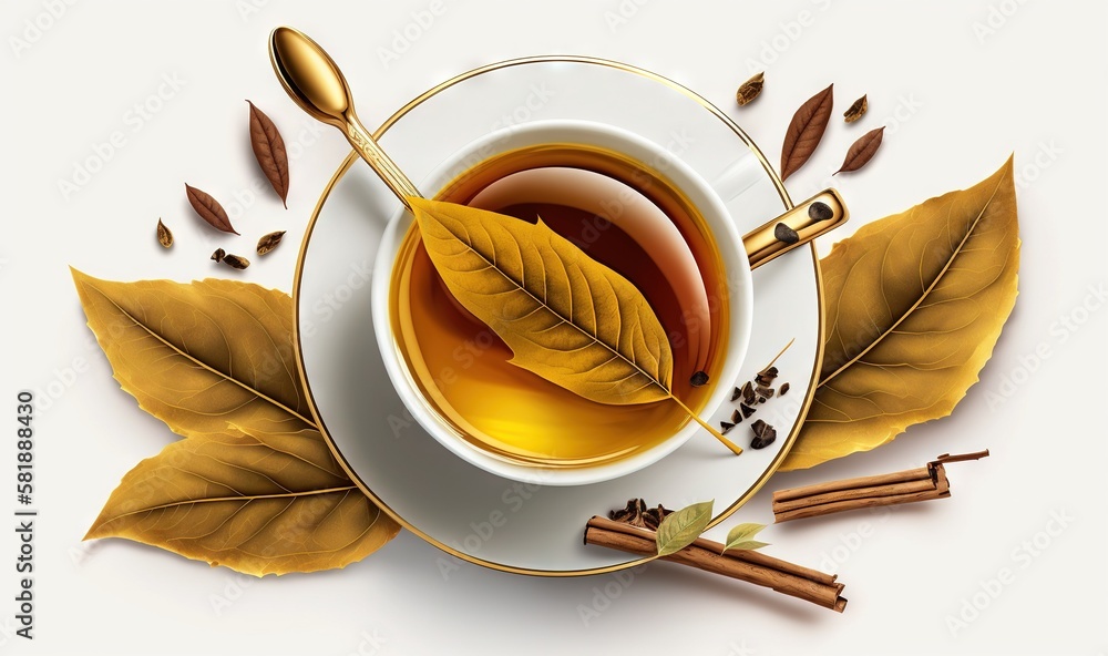  a cup of tea with a leaf and cinnamon on a saucer with spoons on a white plate surrounded by cinnam