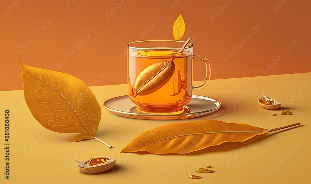  a cup of tea with a leaf on a saucer and a spoon next to it on a yellow surface with a yellow backg