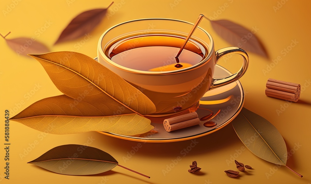  a cup of tea with cinnamons and leaves on a saucer on a yellow background with a yellow background 