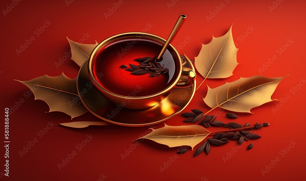  a cup of tea with a spoon and some leaves on a red background with a red background and a red backg