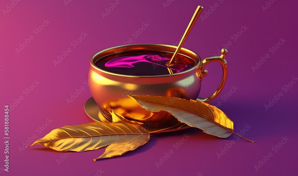  a cup of liquid with a spoon in it and a leaf on a purple background with a purple background and a