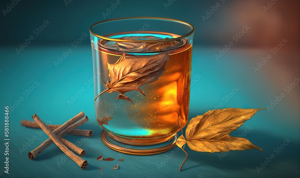  a glass of tea with a cinnamon stick and a leaf on the side of the glass and a cinnamon stick on th