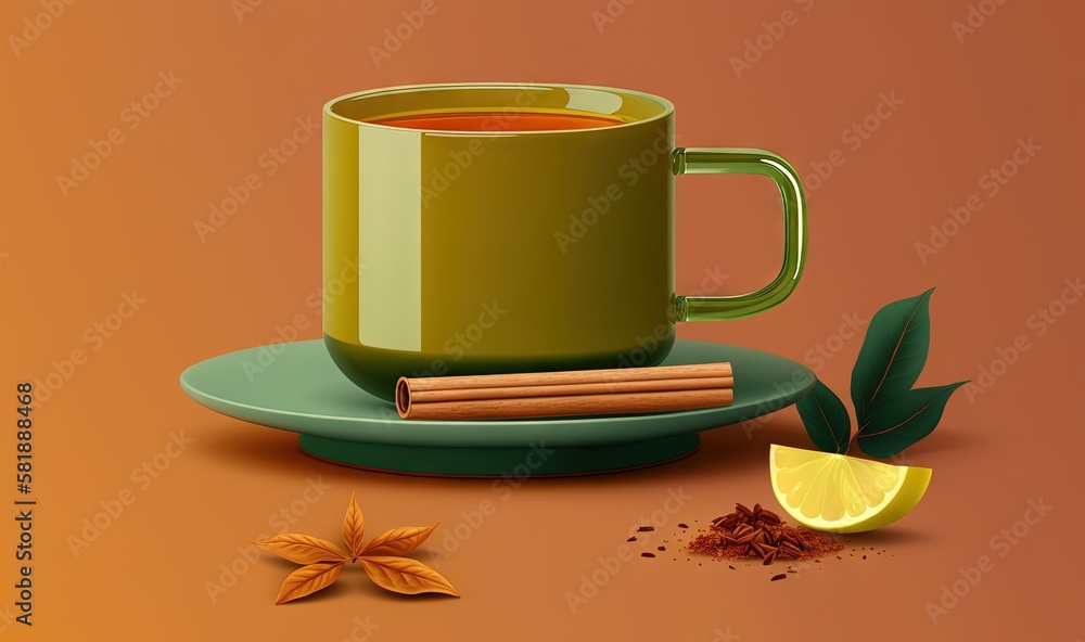  a cup of tea with cinnamon and a slice of lemon on a saucer with a cinnamon stick and a slice of le