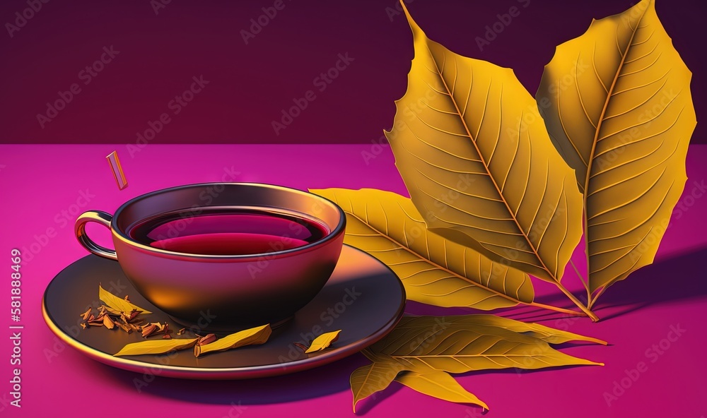  a cup of tea and a leaf on a purple and pink tablecloth with a pink background and a purple backgro