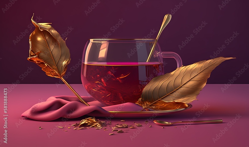  a cup of tea with a spoon next to it and a leaf on a saucer with a spoon in it, on a purple backgro