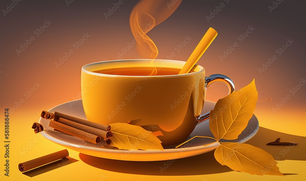  a cup of tea with cinnamon sticks and leaves on a saucer with a spoon and spoon rest on a plate nex