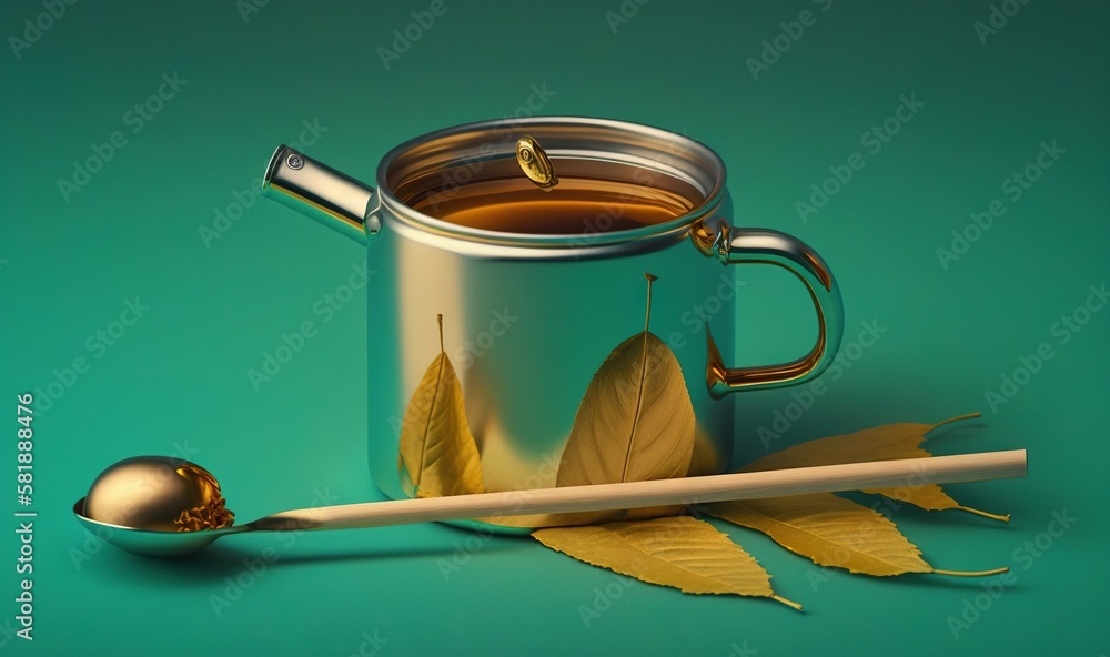  a cup of tea and a spoon on a green background with leaves and a golden spoon on the side of the cu