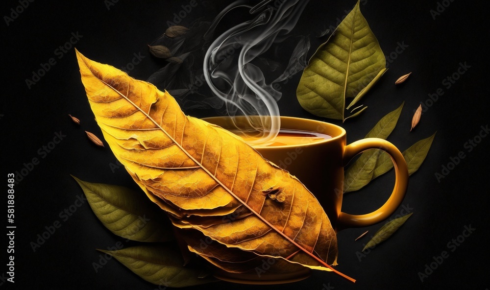  a cup of coffee with a leaf on the side and smoke coming out of the top of the cup, on a dark backg