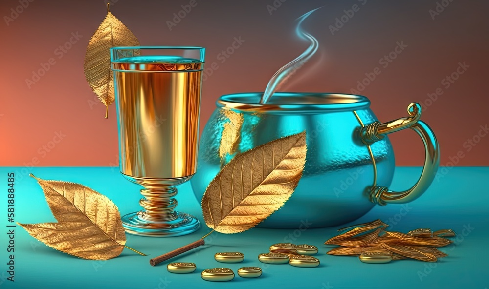  a cup of tea and a cup of coffee on a blue table with gold leaves and a few gold coins on the table