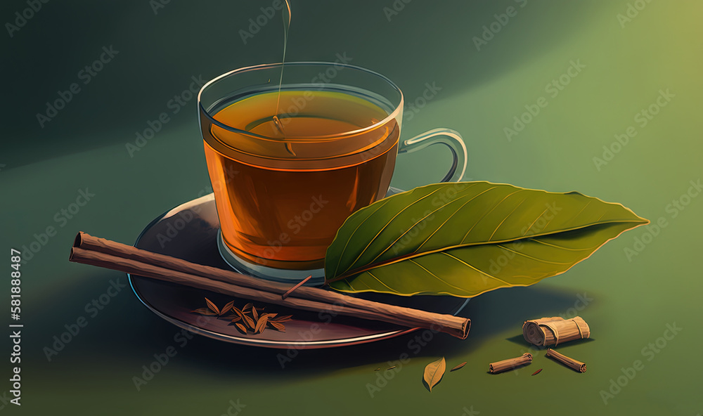  a cup of tea with cinnamon sticks and a leaf on a plate with a cinnamon stick and a cup of tea on a