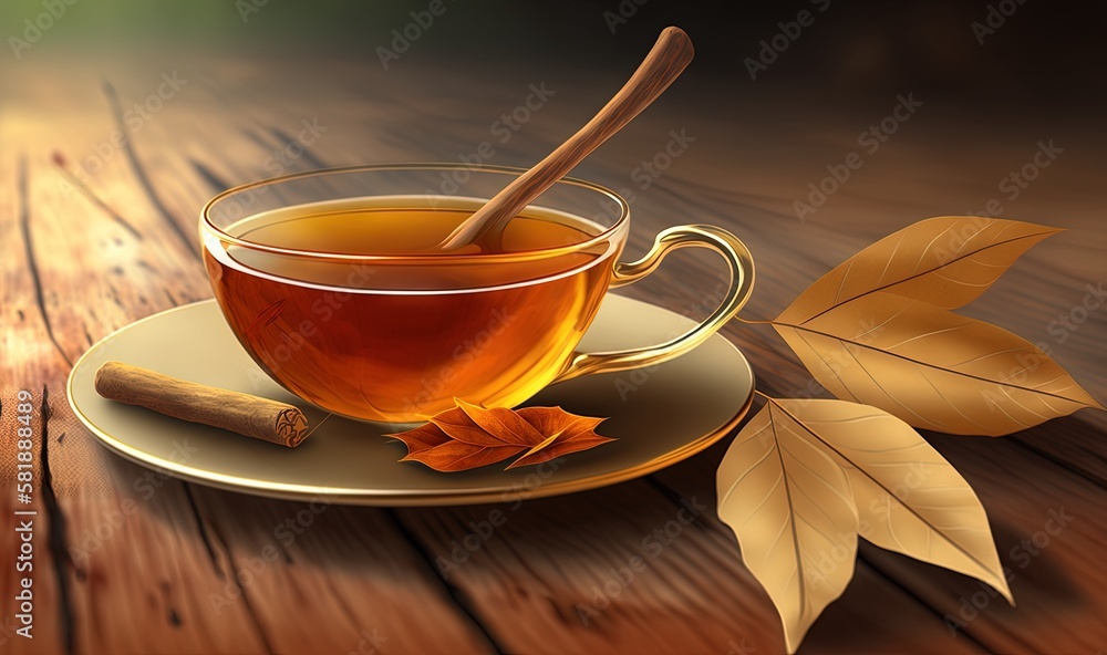  a cup of tea with a cinnamon stick on a plate on a wooden table with leaves and a wooden table top 