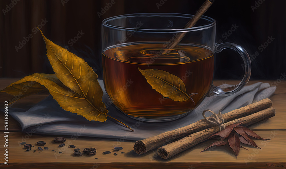  a painting of a cup of tea with a cinnamon stick and leaves on a napkin next to a cup of tea and ci