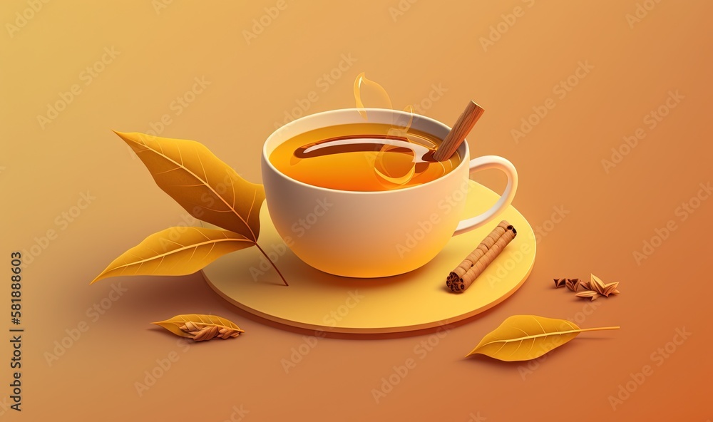  a cup of tea with a cinnamon stick and leaves around it on a saucer with a cinnamon stick and leave