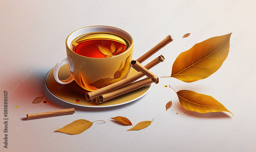  a cup of tea with cinnamons on a saucer with leaves around it and a cup of tea on a saucer with cin