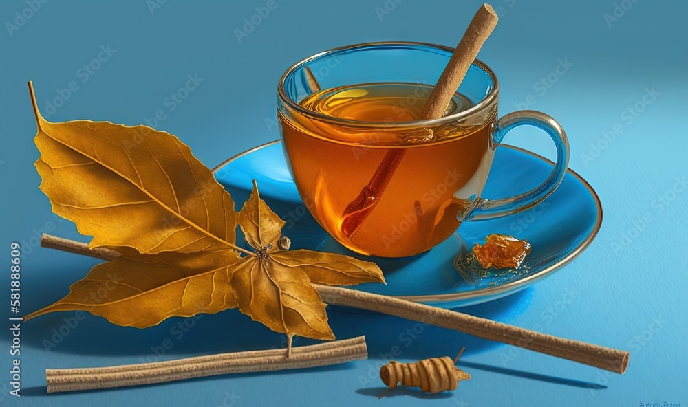  a cup of tea and a stick of honey on a blue plate with a leaf and a honey stick on a blue plate wit