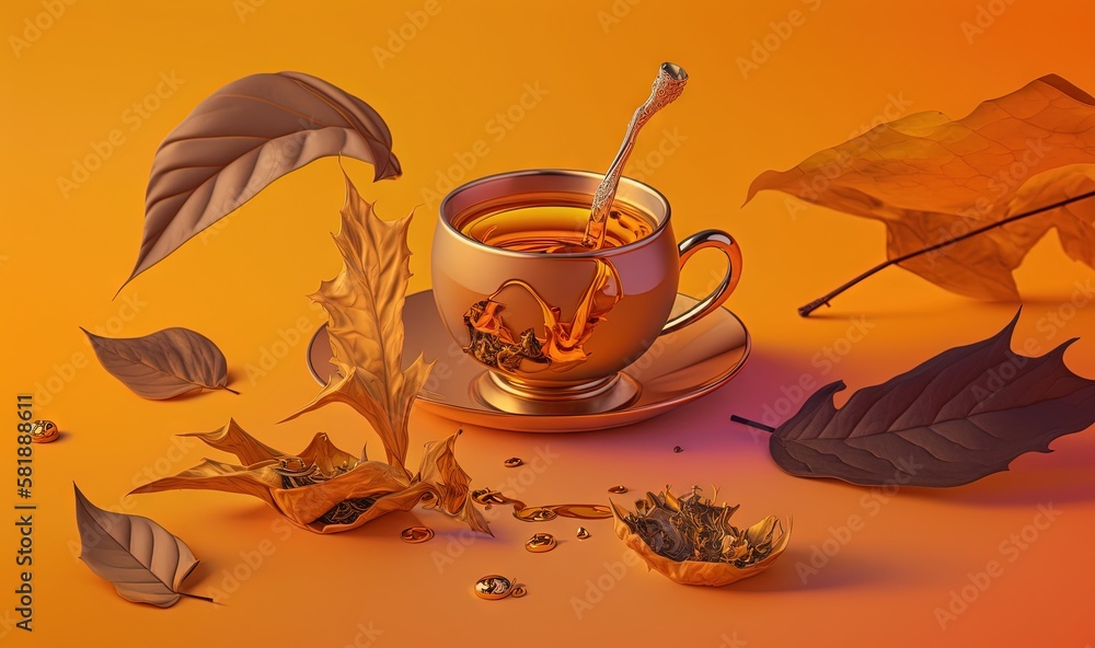  a cup of tea with a spoon and some leaves on a yellow and orange background with a few drops of wat