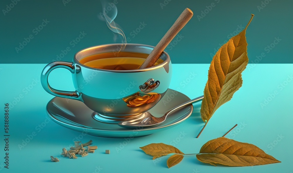  a cup of tea with a spoon and a leaf on a saucer with a spoon and spoon rest on a saucer next to it