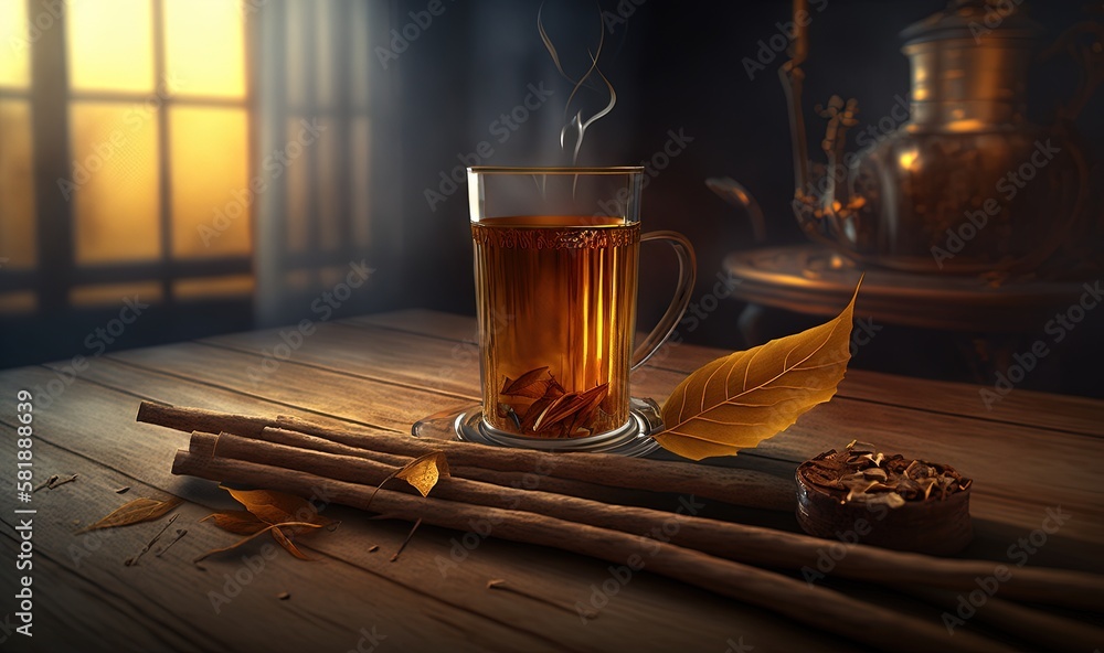  a cup of tea and cinnamon sticks on a wooden table in a dark room with a light coming through the w