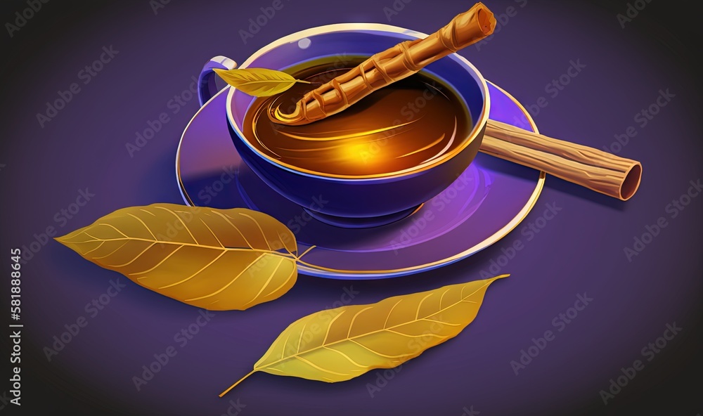  a cup of hot chocolate with a cinnamon stick on a saucer and two leaves on a purple plate on a purp