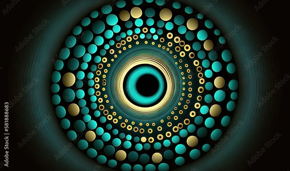  an abstract painting of a blue and gold circle with circles in the center of it, with a black backg