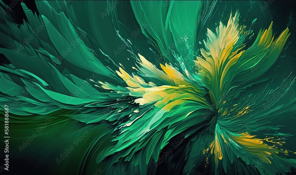  a painting of a green and yellow flower on a black background with a white border around it and a b