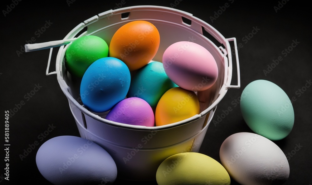  a bucket filled with colorful eggs on top of a black table next to other colored eggs on a black ta