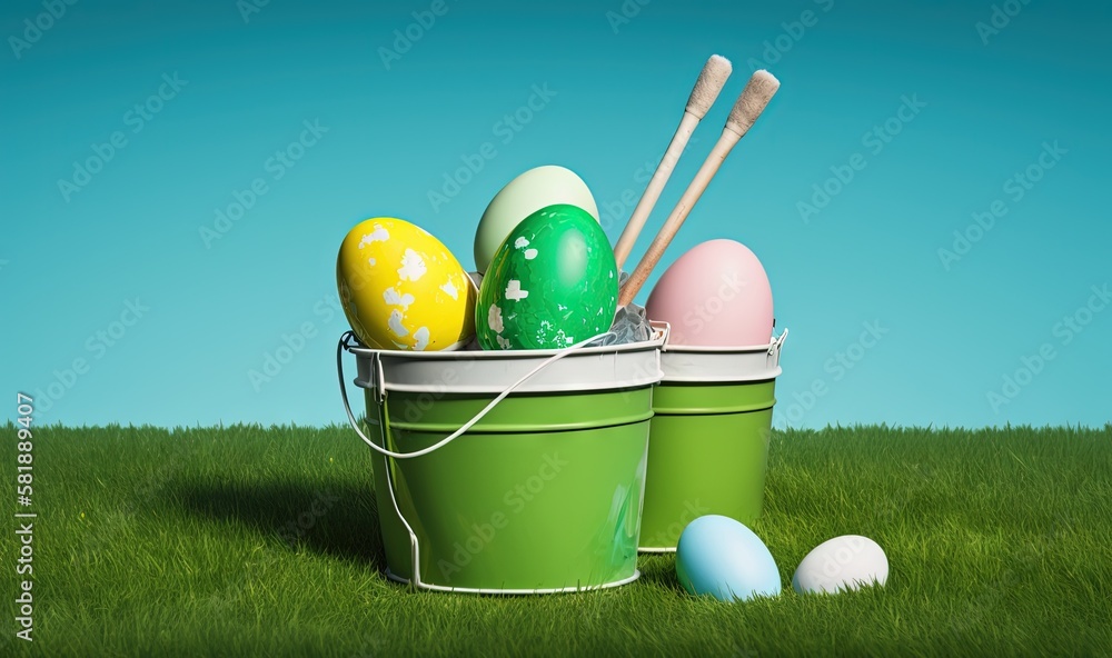  a green bucket filled with eggs on top of a lush green grass covered field next to a pair of baseba