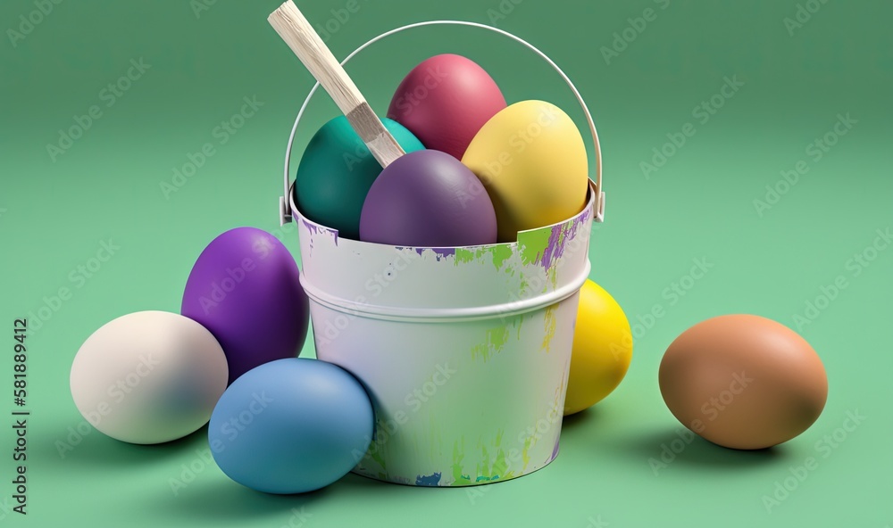  a bucket full of painted eggs with a paintbrush in the middle of it and three other eggs in the buc