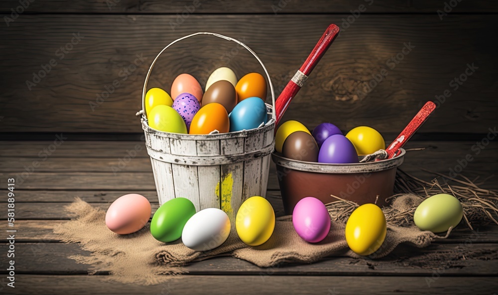  a bucket full of colorful easter eggs next to a bucket of colored eggs on a wooden table with a red