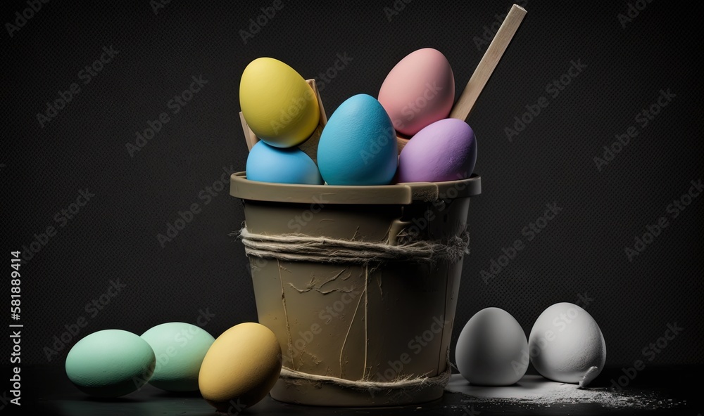  a bucket filled with colorful eggs next to a row of smaller eggs on a table with a wooden spoon in 